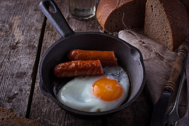 Fried eggs with sausages in a pan. Selective focus