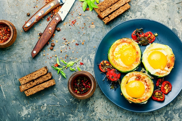 Fried eggs with tomatoes and bread in plate