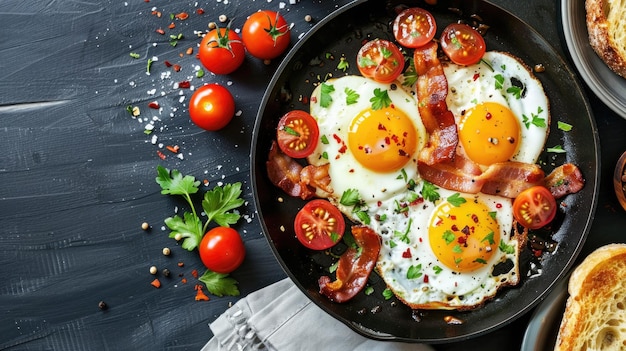 Photo fried eggs with tomatoes