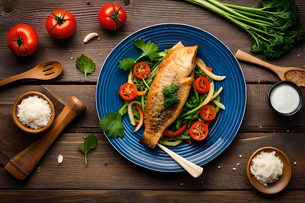 Photo fried fish carp and fresh vegetable salad on wooden table