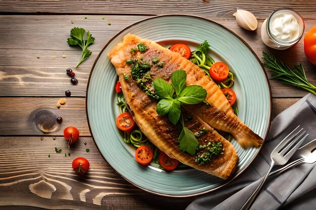 Photo fried fish carp and fresh vegetable salad on wooden table