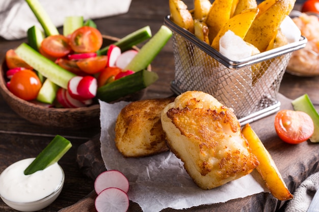 Fried fish fillet with baked potatoes