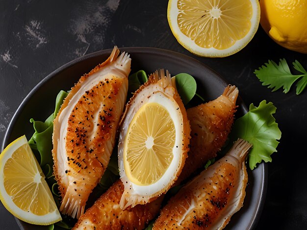 Photo fried fish slices with lemon slices on dark background seafood color salad food meat