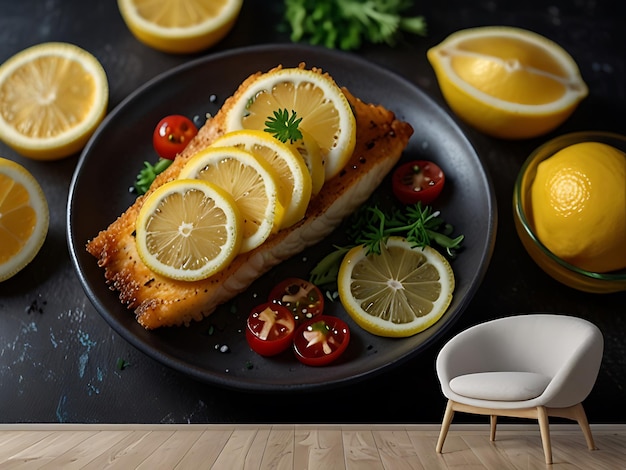 Photo fried fish slices with lemon slices on dark background seafood color salad food meat