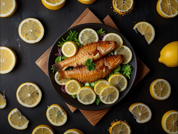 Photo fried fish slices with lemon slices on dark background seafood color salad food meat