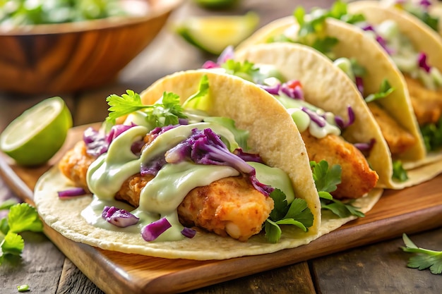 Photo fried fish tacos with cabbage slaw and creamy avocado sauce