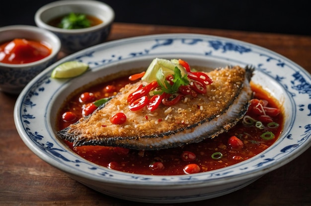 Photo fried fish topped with chili sauce