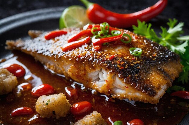 Photo fried fish topped with chili sauce