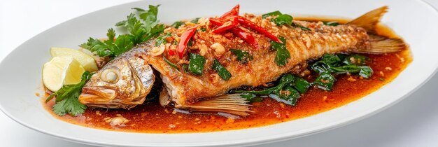 Photo fried fish with chili sauce is a popular thai dish featuring a whole fish deepfried and coated