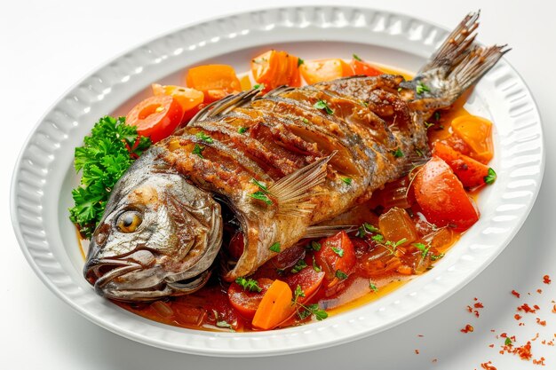 Fried fish with vegetables whole sea bass with stewed tomatoes sweet pepper carrots and onions