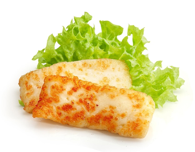 Fried hallumi cheese with fresh green lattuce