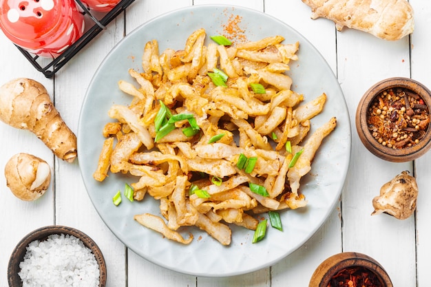 Fried Jerusalem artichoke on plate