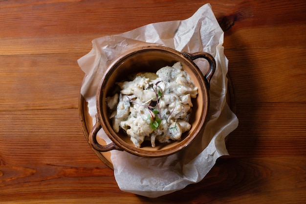 Fried meat with mushrooms and potatoes in a clay plate