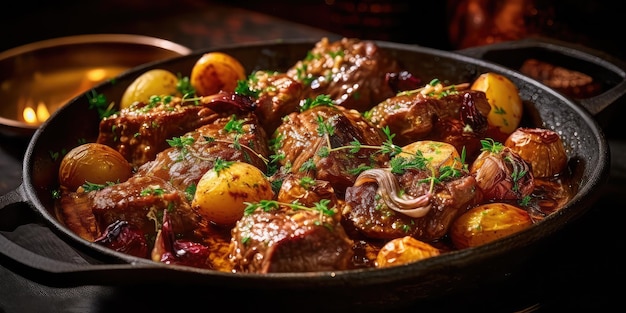 Fried meat with potatoes and onions sprinkled with herbs