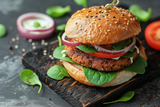 Fried meatless plant based vegan burger with tomato soya protein burgers meat free healthy food