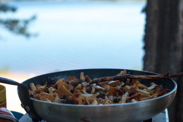 Fried mushrooms in a frying pan in nature Tourist camping dinner