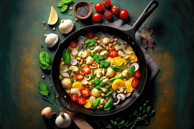 Fried mushrooms in frying pan with bright vegetables and butter