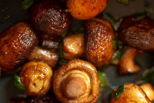 Fried mushrooms golden colored beautifully roasted mushrooms vegetarian food close up top view