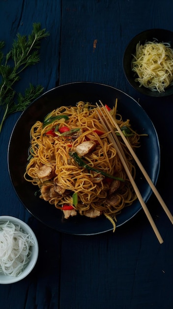 Photo fried noodle with pork in soy sauce and vegetable