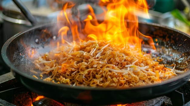 fried noodles cook in pan with big fire flame is hong kong style Pad Thai favorite and famous Asian Thai street fast food in hot pan Pad Thai is fried rice noodle dish a street food Thailand