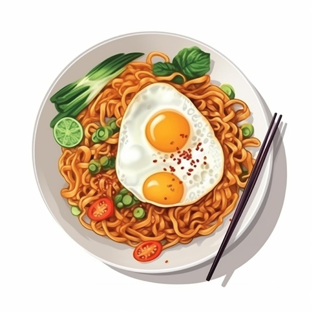 Fried noodles with egg shrimp tomato cucumber AI generated