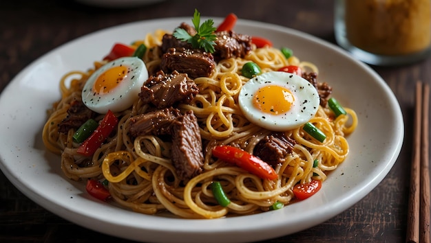 Fried noodles with meat and eggs with colors that tempt your appetite