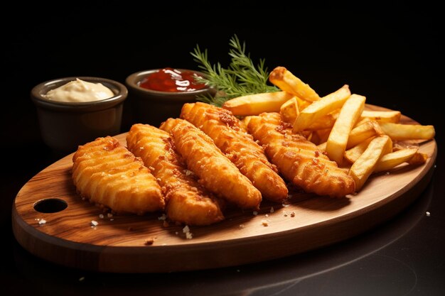 Fried nuggets and french fries on wooden board