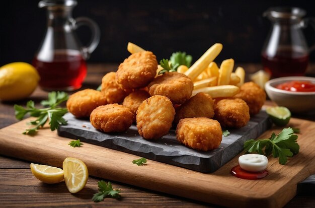 Fried nuggets with french fries on wooden board