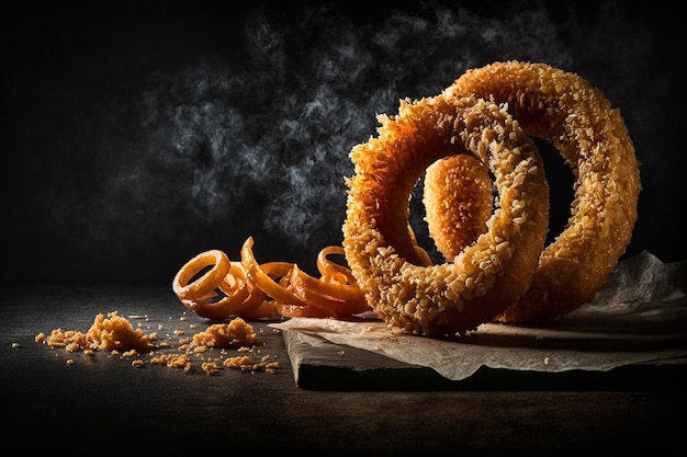 Fried onion rings on a black background Generative AI