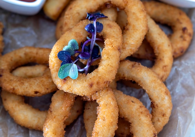 Fried onion rings with other products in the cafe