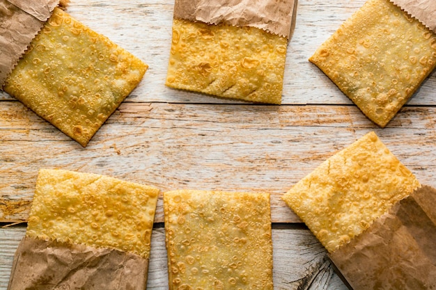 Fried pastel traditional brazilian snack with copy space