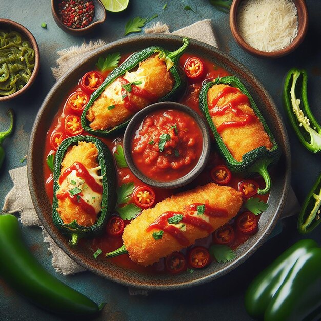 Fried Poblano Peppers Stuffed with Cheese or Meat Topped with Tomato Sauce and Fresh Herbs