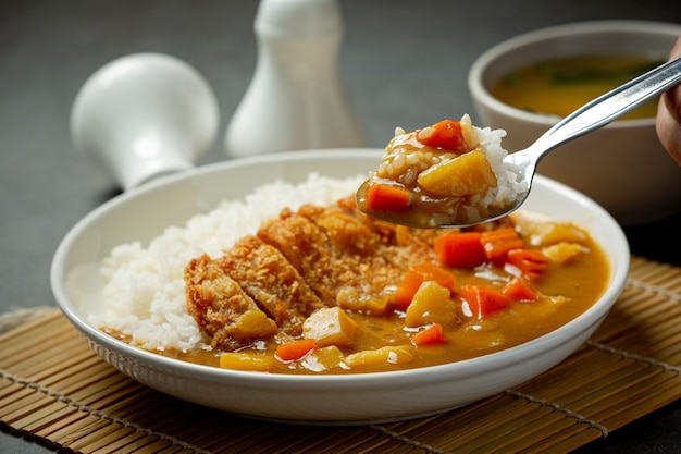 Fried pork cutlet curry with rice on dark surface