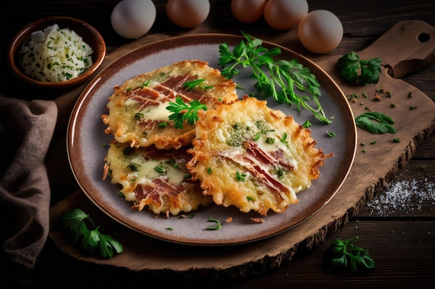 Fried potato pancakes with grated cheese bacon and green herbs