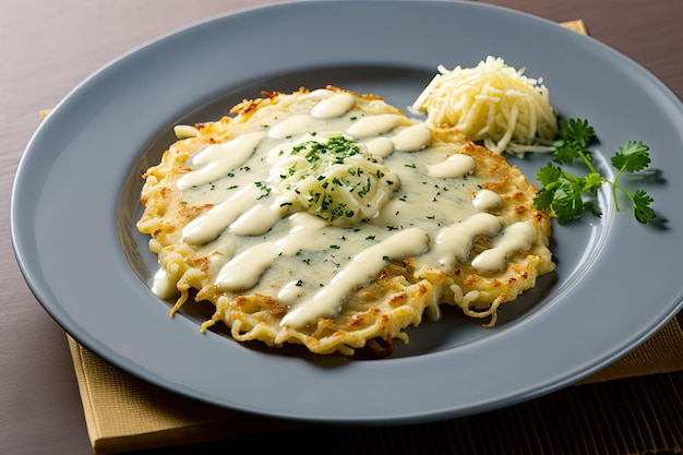 Fried potato pancakes with white sauce and grated cheese