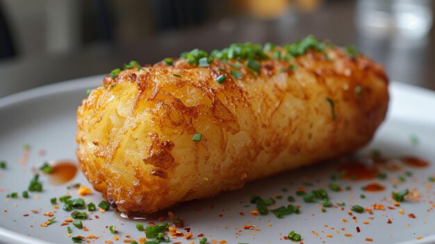 Photo fried potato roll topped with chopped chives served on a white plate