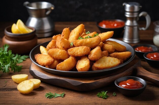 Fried potato wedges and chicken nuggets in the copper utensil on wooden table