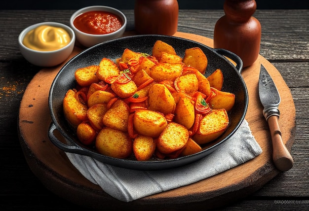 Photo fried potato wedges with tomato and chili sauce on a wooden table