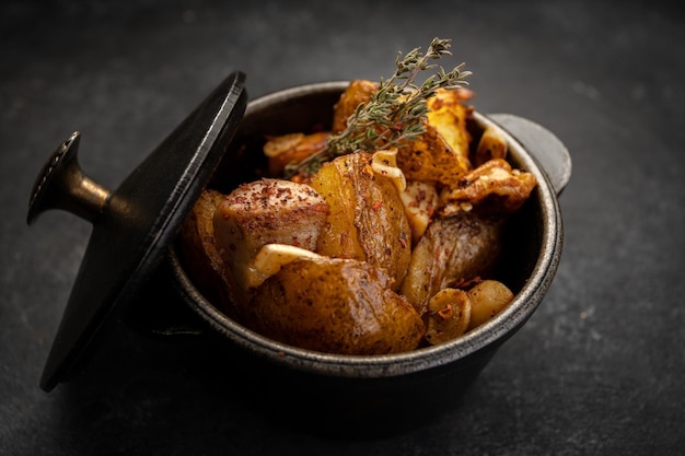 Fried potato with a savory blend of garlic and spices in a cast iron pot