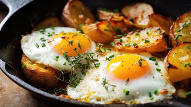 Photo fried potatoes with fried eggs on wooden table