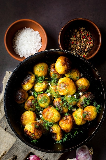 Fried potatoes with herbs salt with oil