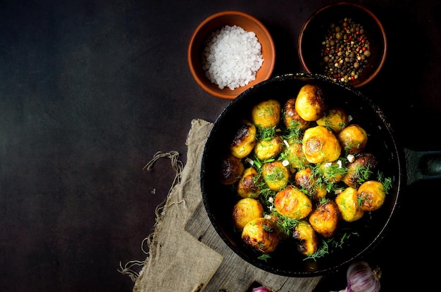 Fried potatoes with herbs salt with oil