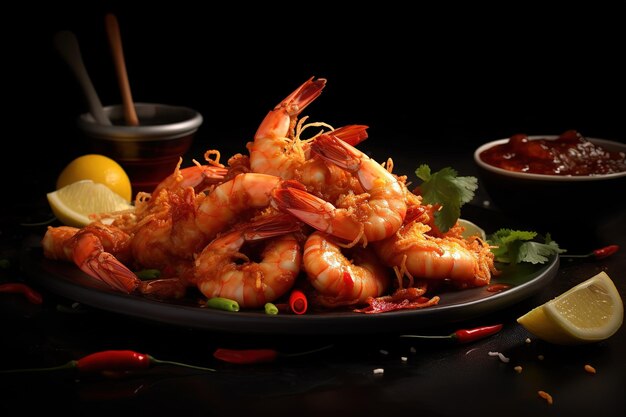 fried prawns on a black plate with chili sauce next to it