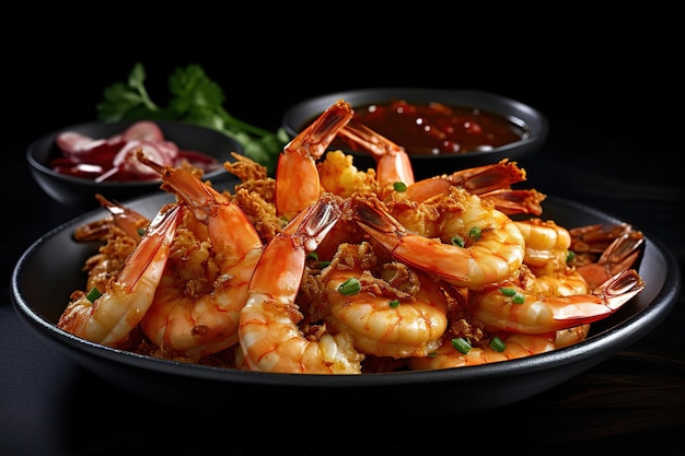 fried prawns on a black plate with chili sauce next to it