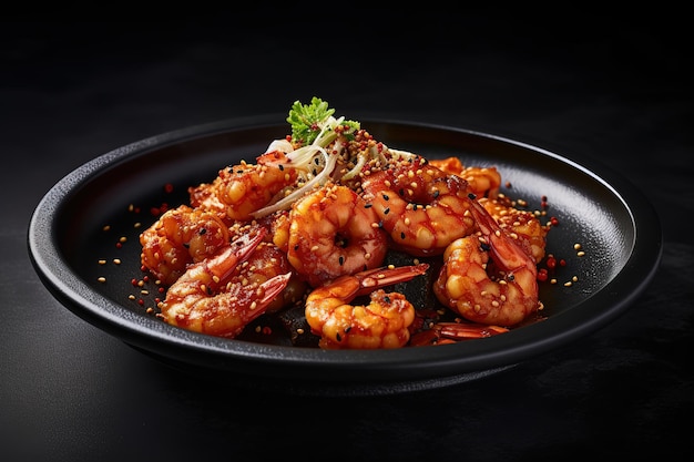 fried prawns on a black plate with chili sauce next to it