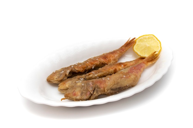 Fried red mullet, on a plate, isolated on white background. Spanish food concept.