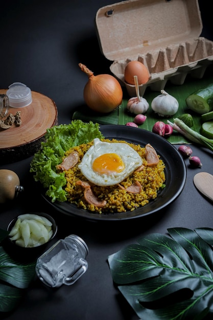 Fried Rice or Nasi Goreng from Indonesia with Egg Yolk, Spices and Seasoning Composition