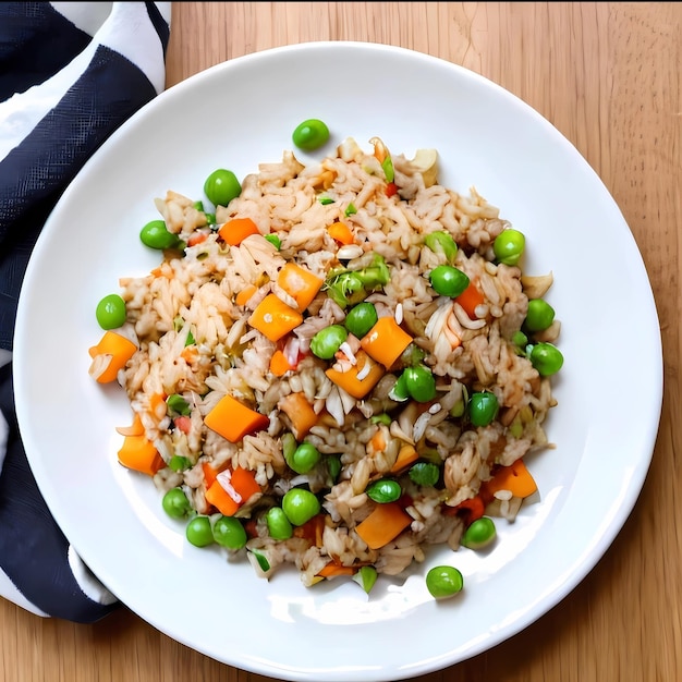 Fried rice on white ceramic plate with vegetables and peas on it