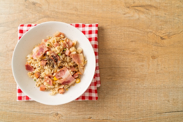 fried rice with bacon ham and black peppers bowl