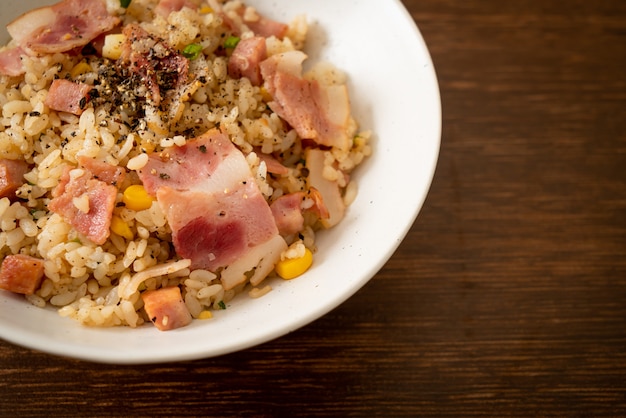 fried rice with bacon ham and black peppers bowl